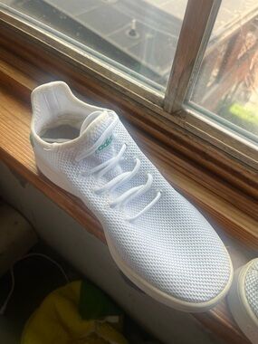 adidas White Knit Sneaker with Green Logo Accents